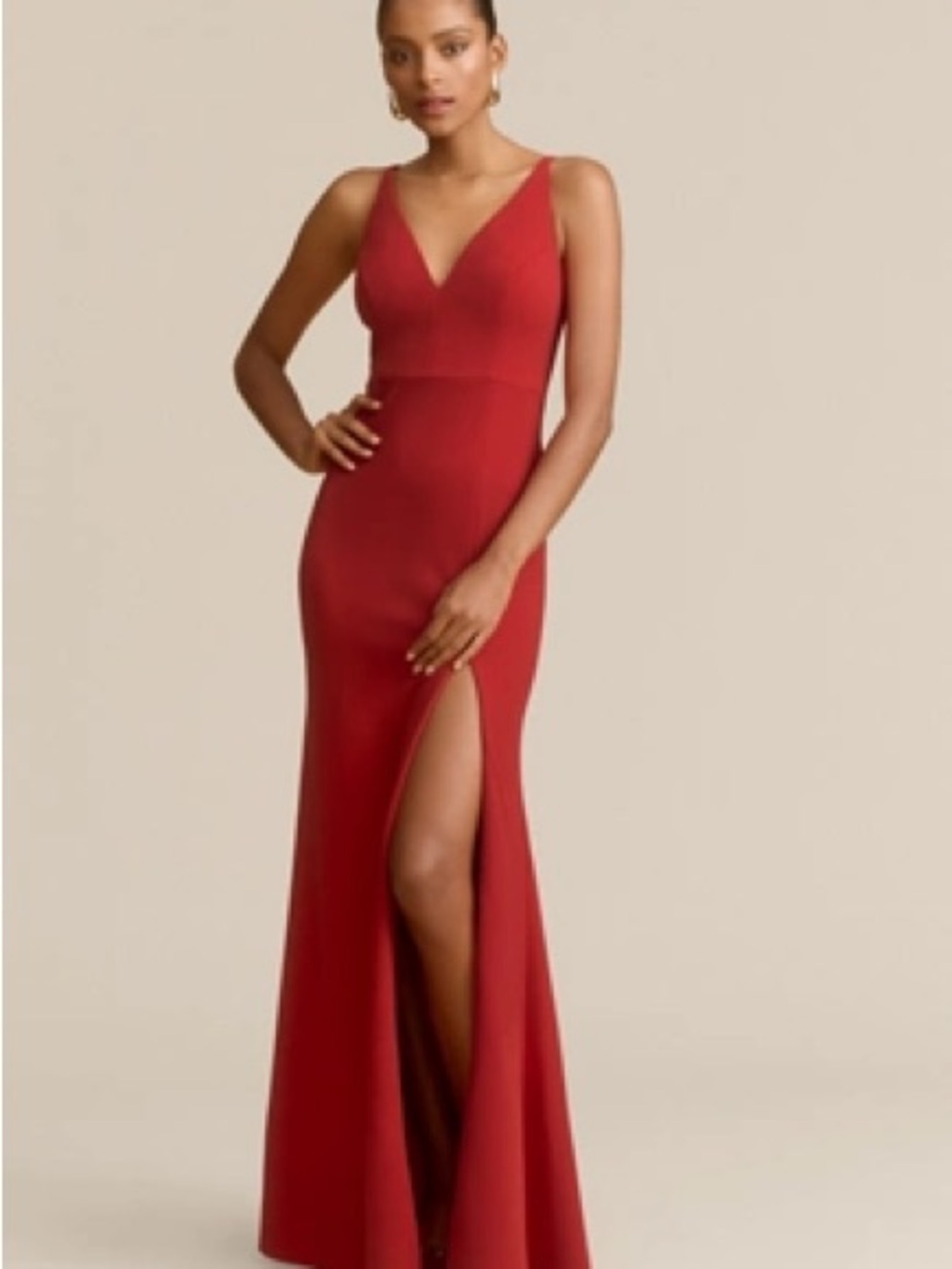 BHLDN Stella Red V-Neck Sleeveless Maxi Gown with High Slit